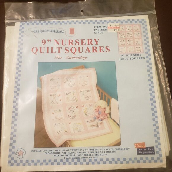 Jack Dempsey Needle Art Stamped White Nursery Quilt Blocks 9" Girl 300 #21 - Picture 1 of 4